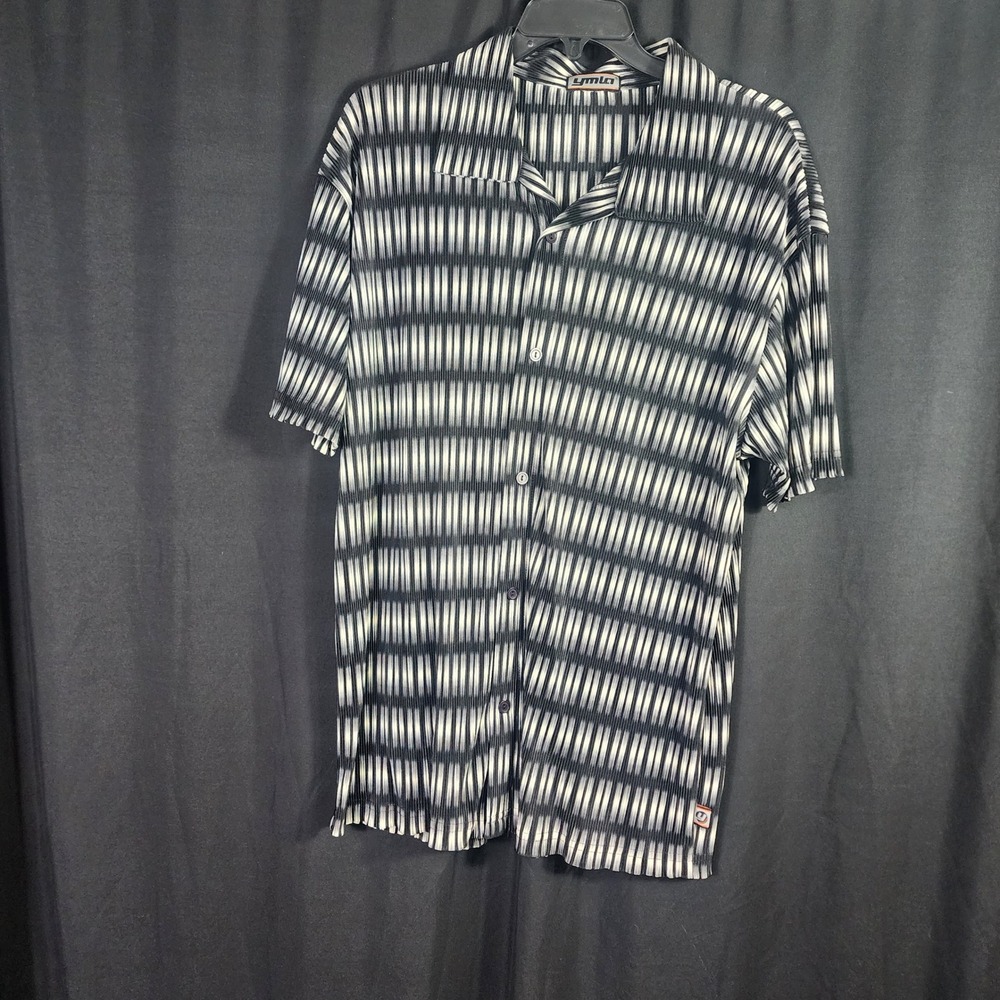 Y2K YMLA Men Short Sleeve Optical Stripe Pleated Button Down Shirt Black White L